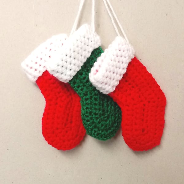 Mini Christmas stockings in red and green, set of three, handmade