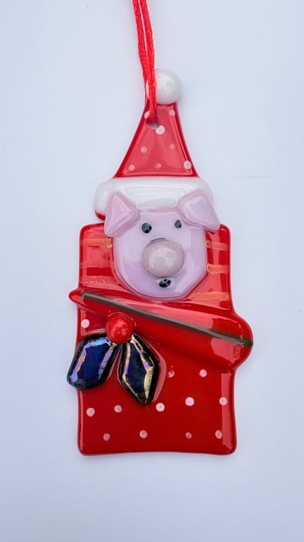 Fused glass Christmas pigs in blankets Christmas ornament. 