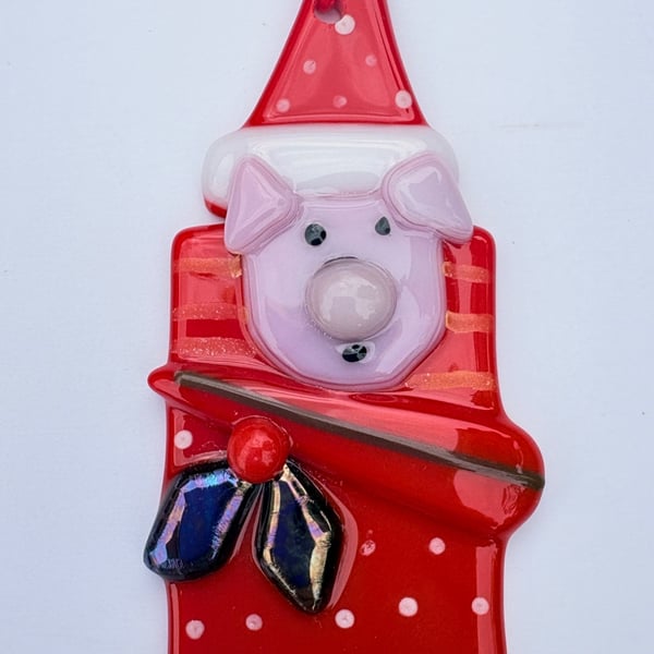 Fused glass Christmas pigs in blankets Christmas ornament. 
