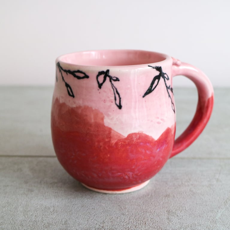 Handmade Stoneware Mug – Pink Ceramic Coffee Mug with Hand-Drawn Leaf Design 
