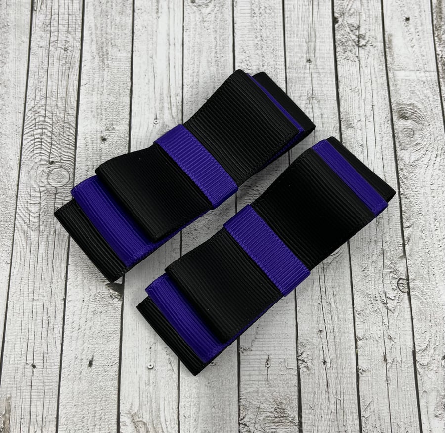 Black and Purple 3 inch Straight Bows on Clips (pair)