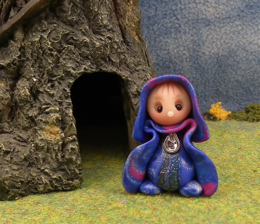 Tiny Garden Gnome 'Saro' with jewel OOAK Sculpt by Ann Galvin