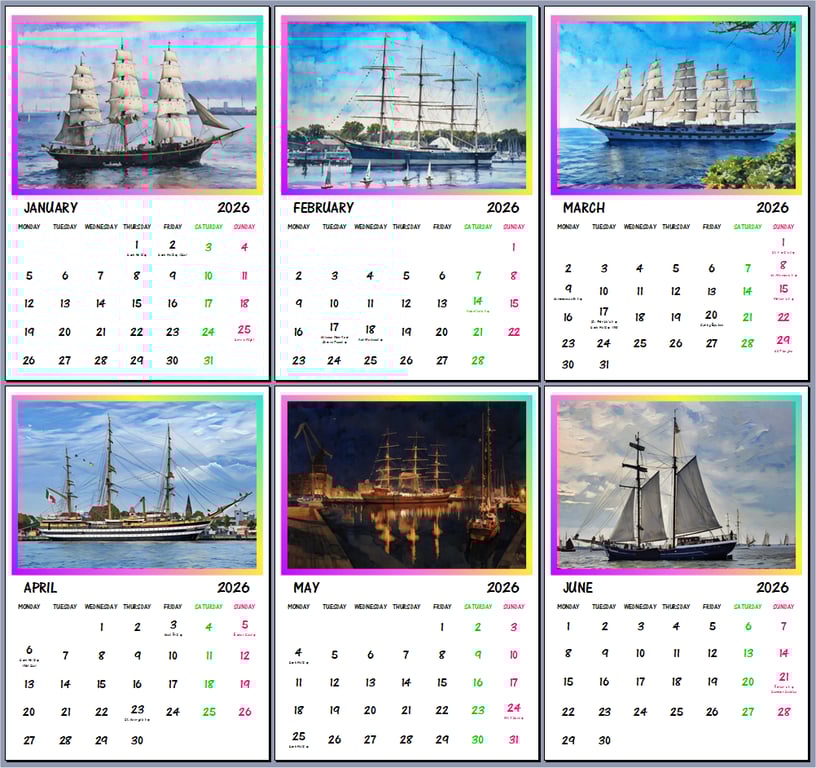 2026 Sailing Ships Hanging Wall Calendar Each month A4