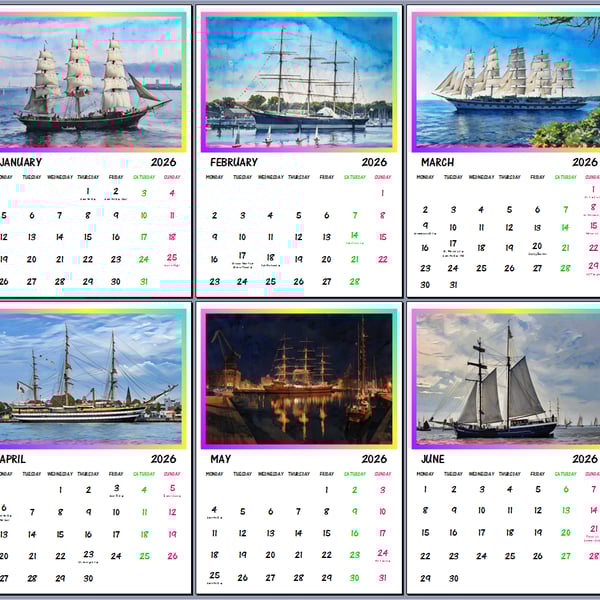 2026 Sailing Ships Hanging Wall Calendar Each month A4