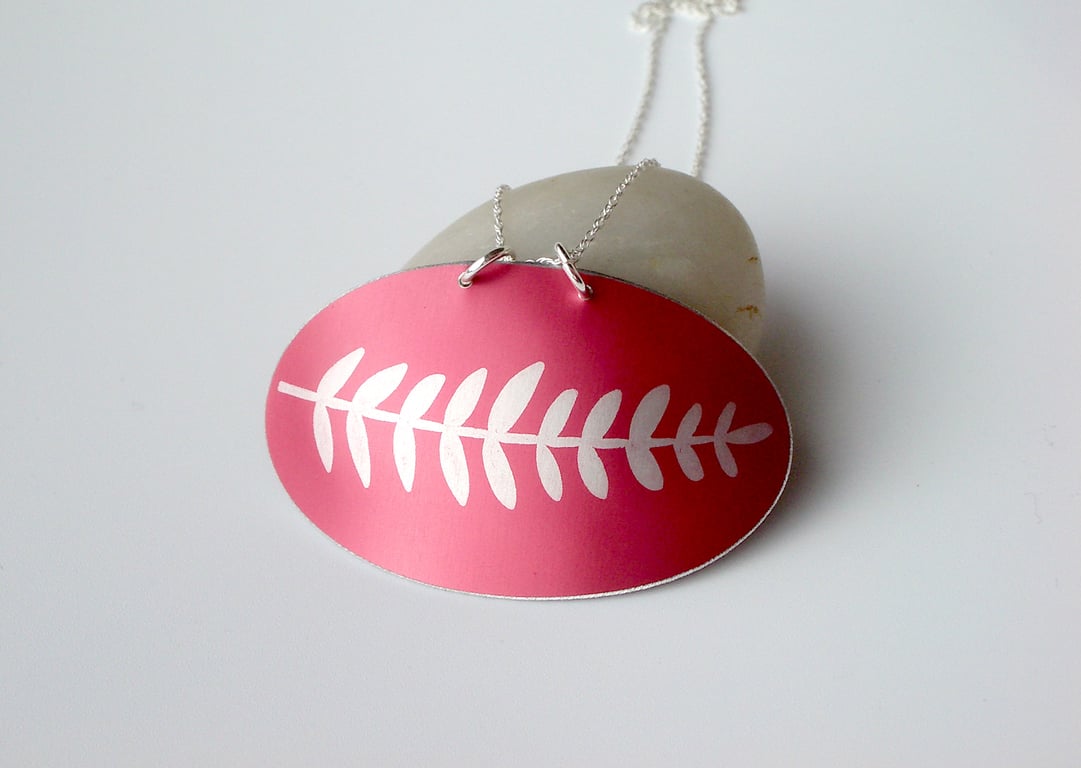Seconds Sunday  Leaf oval pendant in red and silver. Perfectly imperfect.