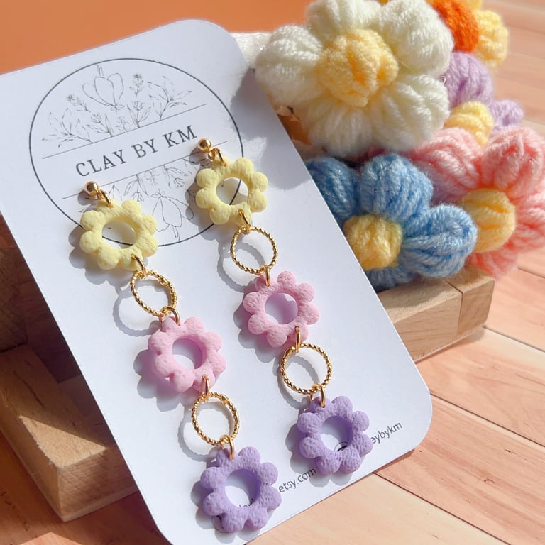 Pastel Flower Earrings for Wedding Guest, Long Floral Summer Dangle Gift