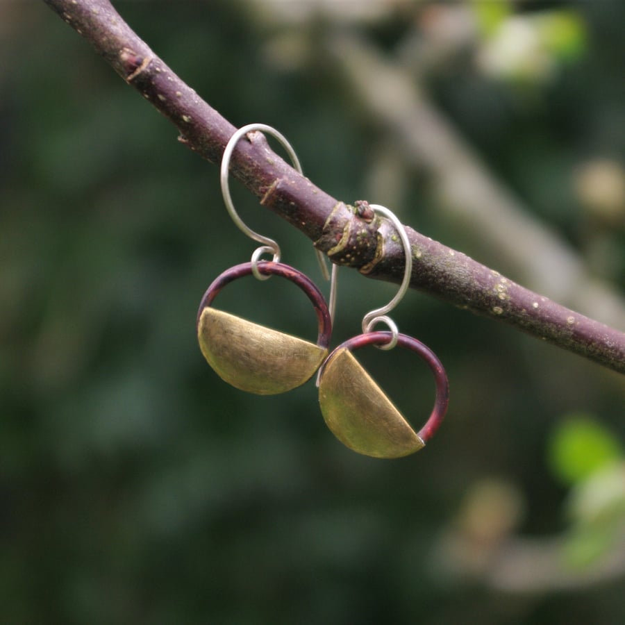 Small Copper and Brass Half Moon Dangle Earrings