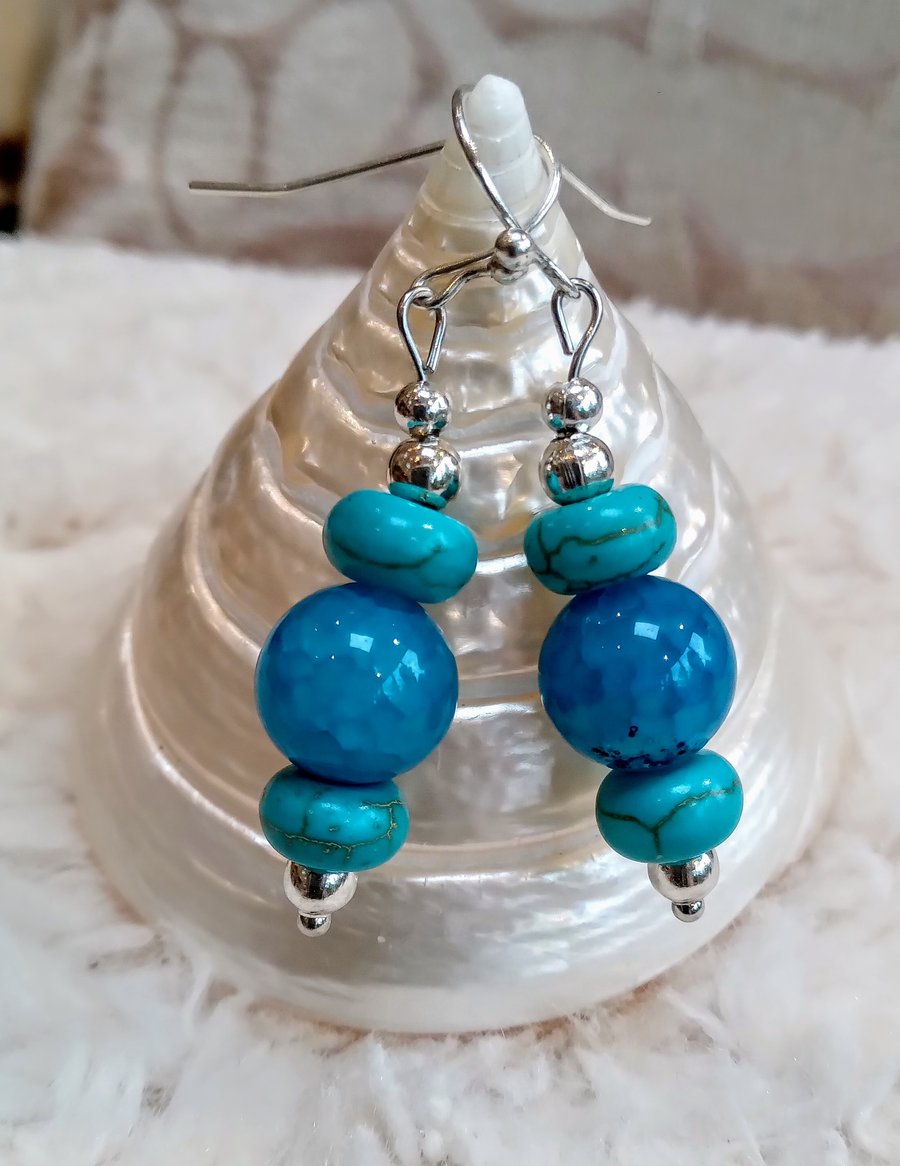 Genuine TURQUOISE & DRAGON'S VEIN AGATE silvertone EARRINGS