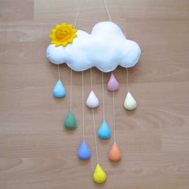 Hand Crafted Cloud and Pastel Raindrop Mobile.