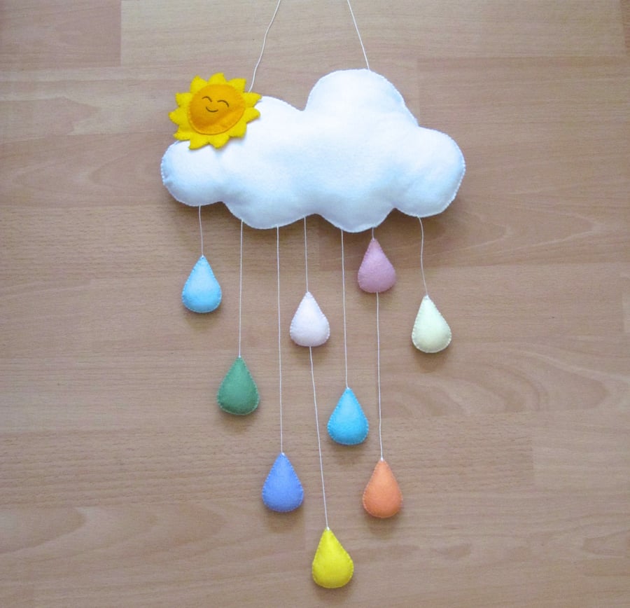 Hand Crafted Cloud and Pastel Raindrop Mobile.