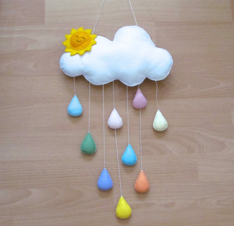 Hand Crafted Cloud and Pastel Raindrop Mobile.