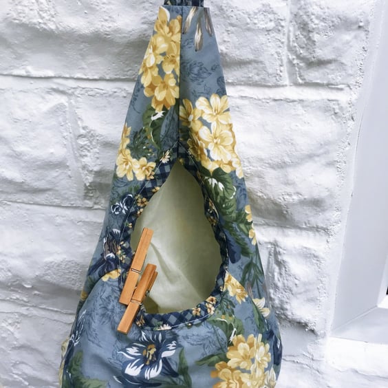 Blue Floral Peg Bag, Wigwam Cotton Storage Bag for Pegs, made in Yorkshire
