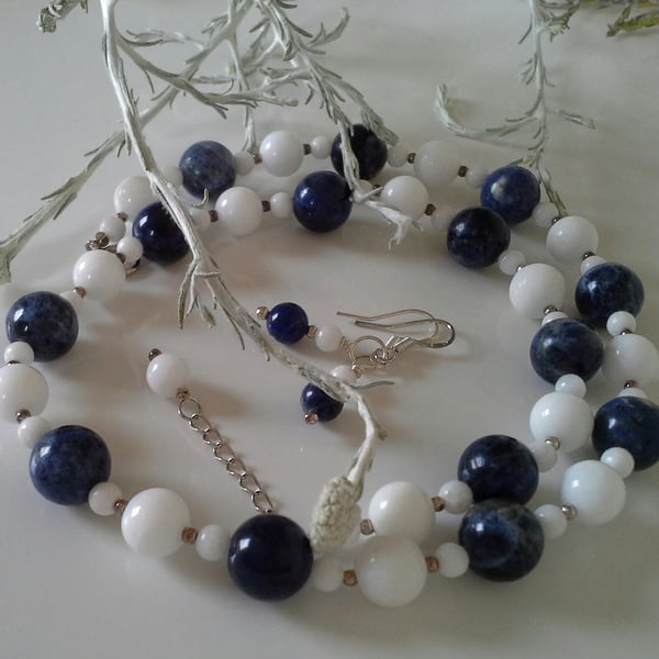 Sodalite, White Onyx Necklace & Earrings Set 925 Sterling silver