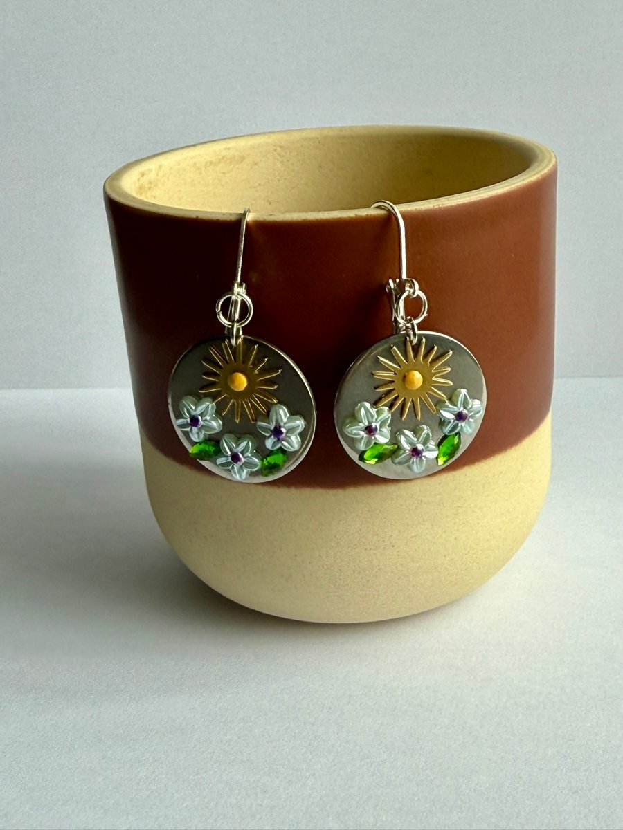 Round Stainless Steel Disc Earrings with Flower and Sunshine