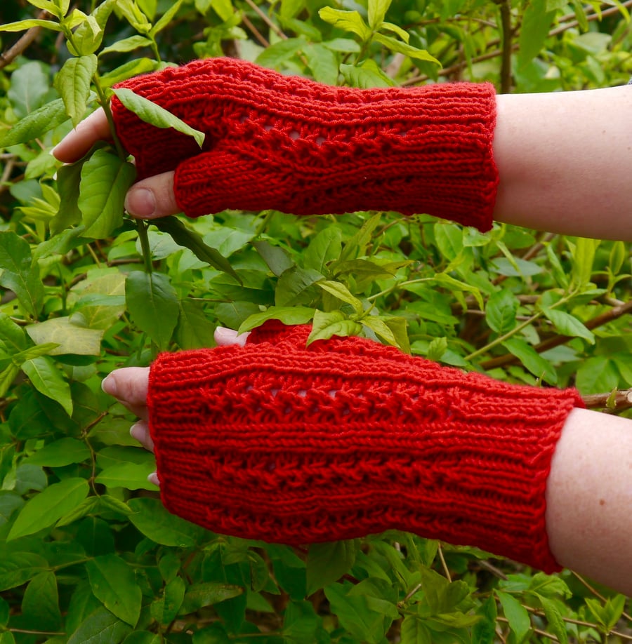 Hand Knitted Bright Red Fingerless Gloves, Arm Warmers