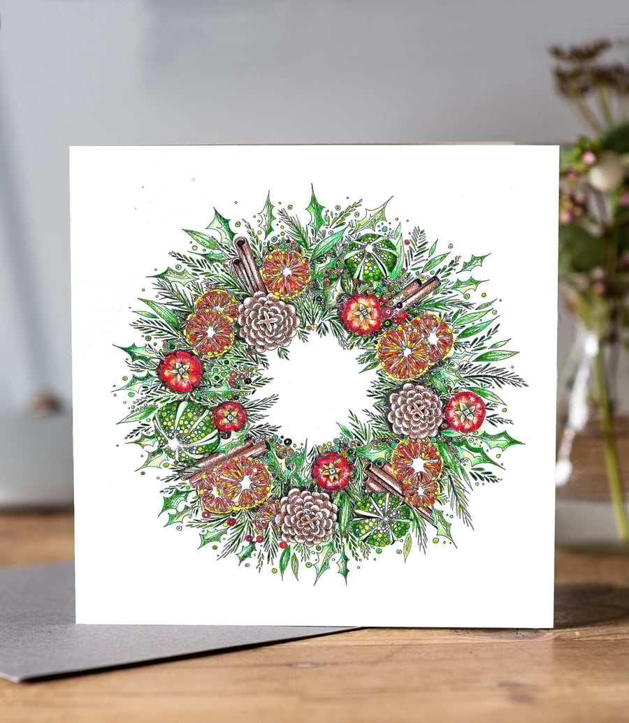 Orange and Cinnamon  Wreath Christmas card