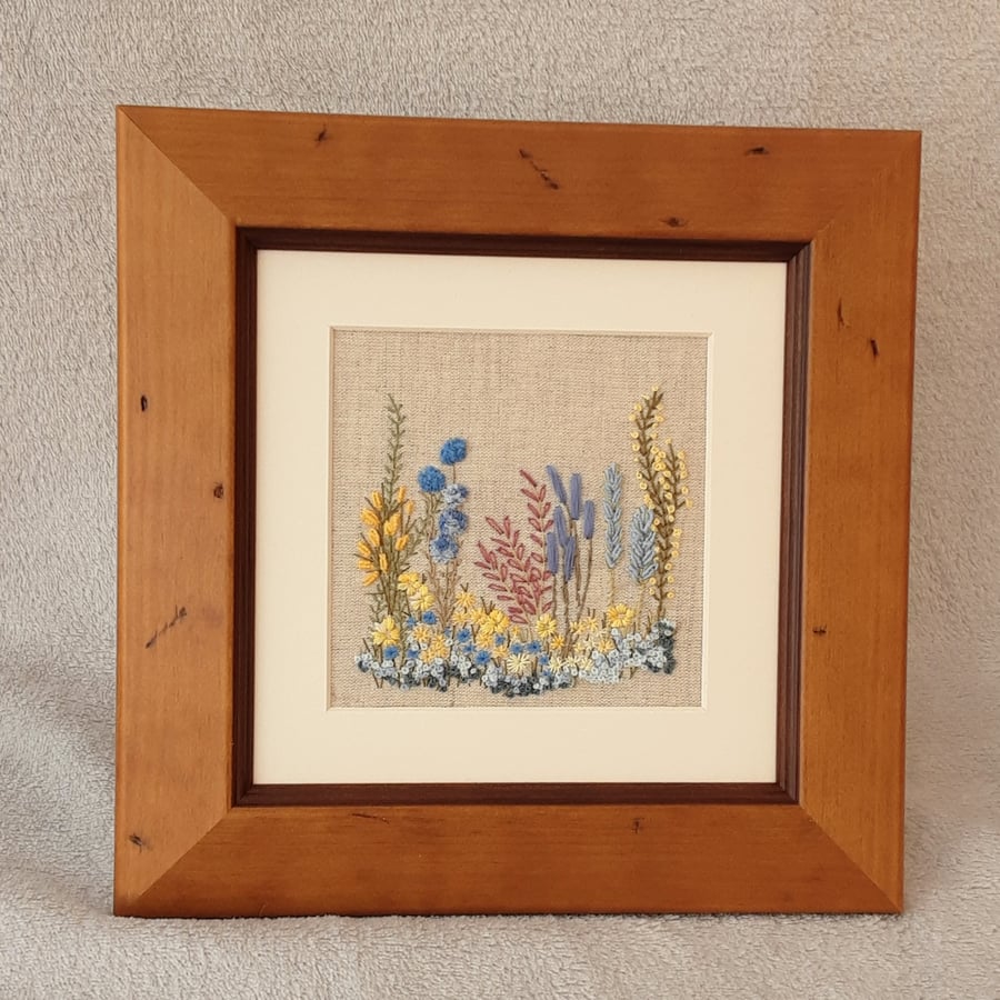 SOLD Commission Embroidery Spring Garden, embroidered picture Blue & Yellows