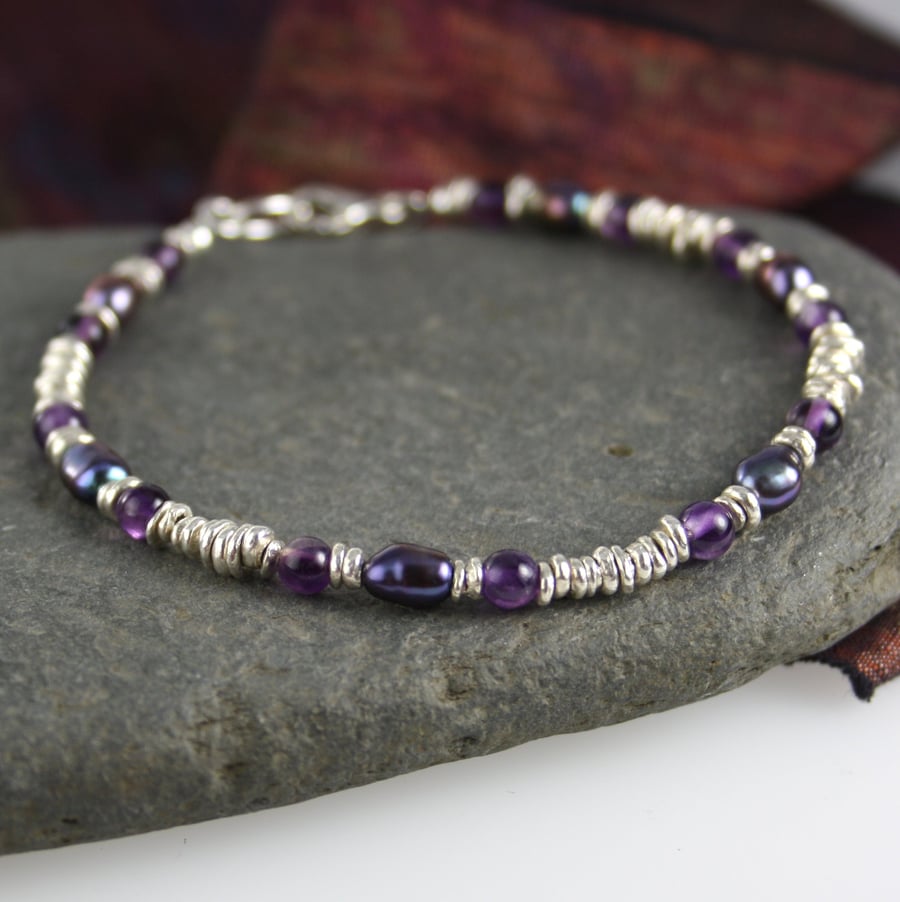  silver amethyst and black pearl Midnight Bracelet