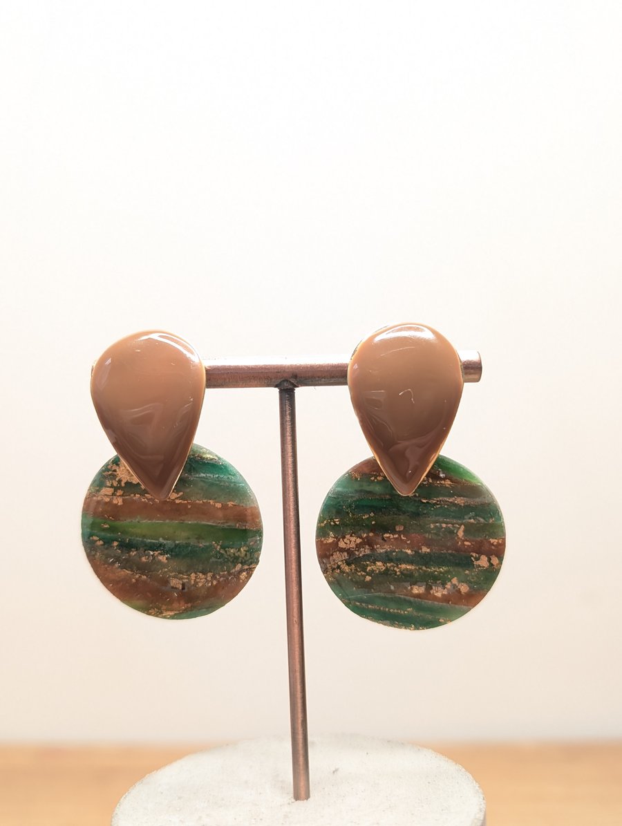 Green earthy agate polymer clay earrings- circles x brown top