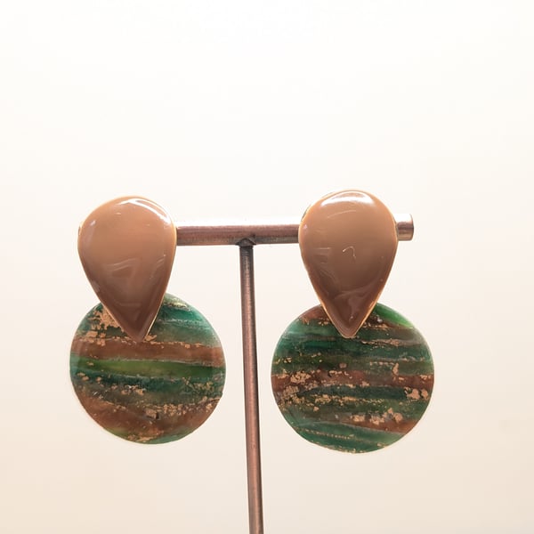 Green earthy agate polymer clay earrings- circles x brown top