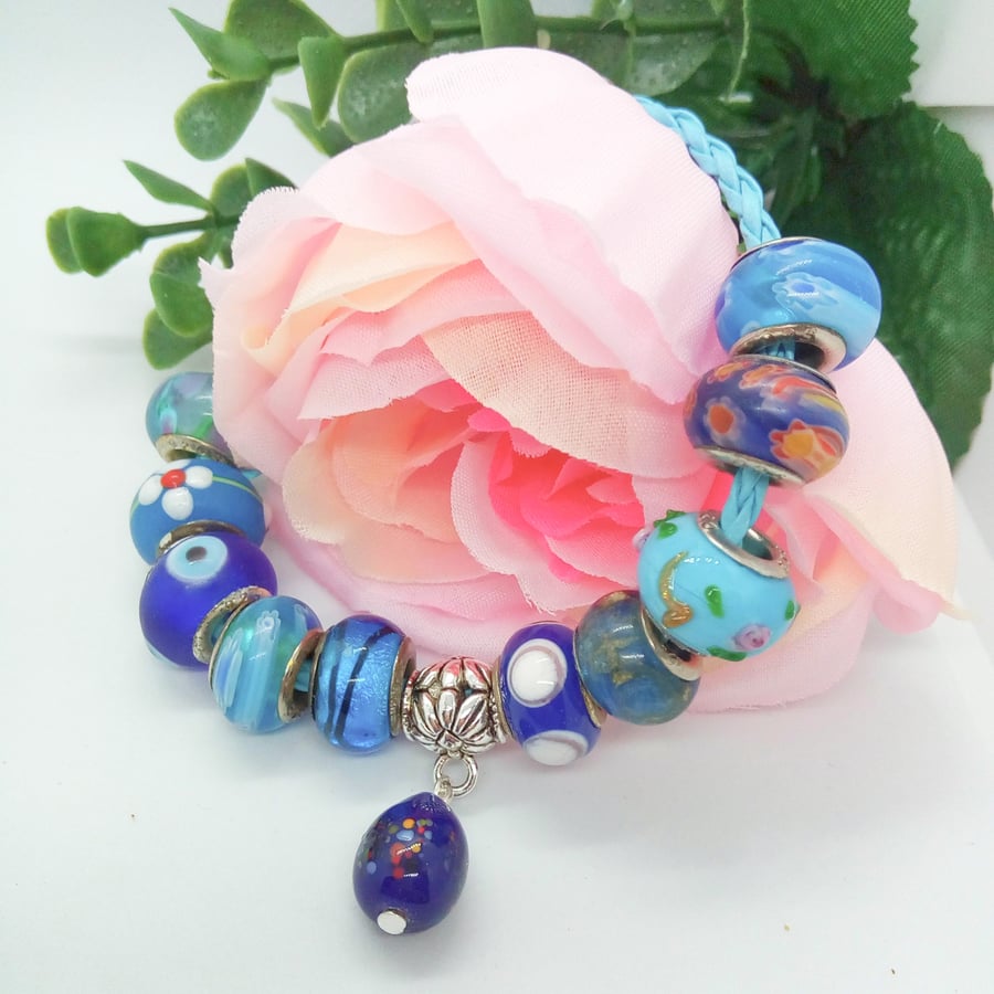 Blue Leather Bracelet with Pale Blue Bright Blue Lampwork Beads
