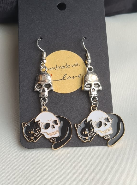 Cat and Skull Charm Earrings - Mixed Metals 