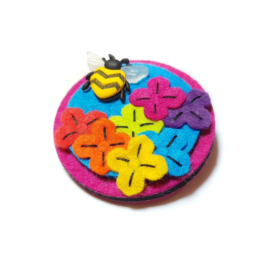 Rainbow Flower Brooch with Bee Button