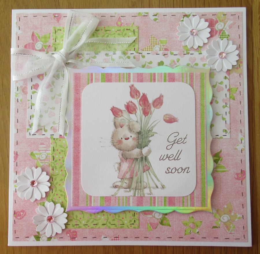 Rabbit & Tulips - 7x7" Card - Get Well Soon