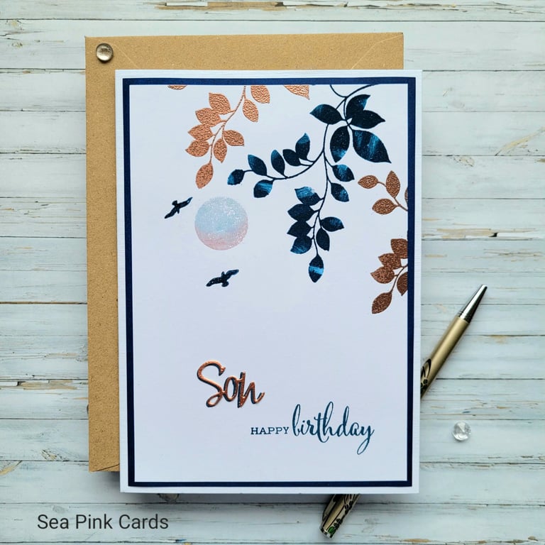 Son Birthday Card - copper and navy, leaves and branches, blank inside