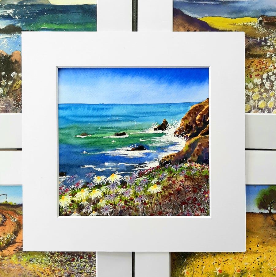 Original Watercolour Painting Of Cliff Top Wildflowers by the Sea 