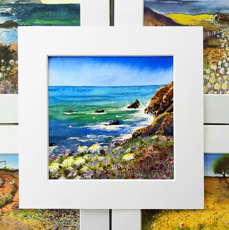 Original Watercolour Painting Of Cliff Top Wildflowers by the Sea 