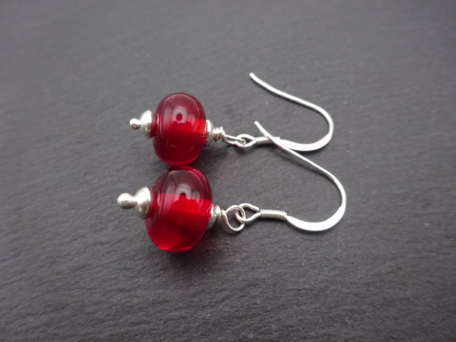 lampwork glass red earrings, sterling silver jewellery