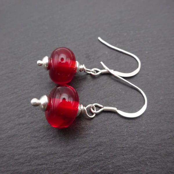 lampwork glass red earrings, sterling silver jewellery