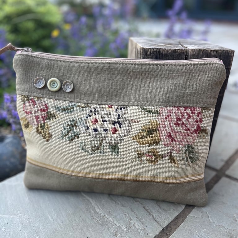 Floral tapestry fragment and linen large soft pouch