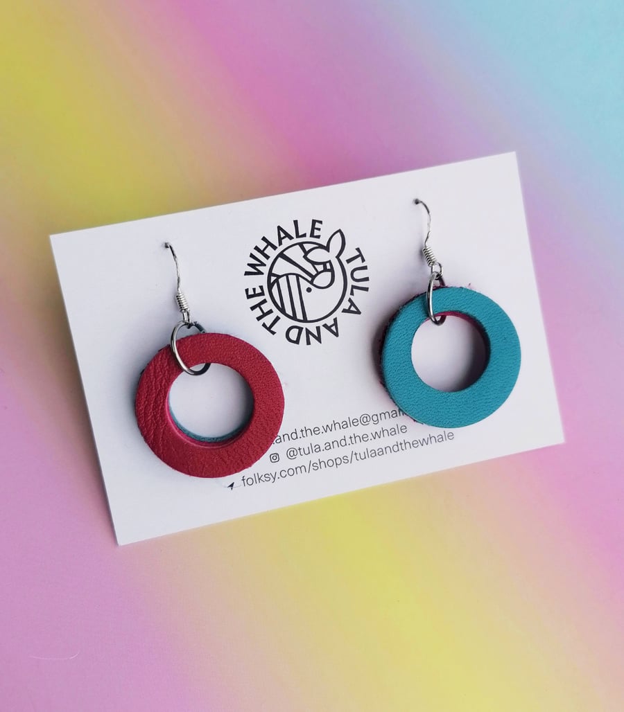 Colour Duo Leather Hoop Earrings - Pink & Blue Mini