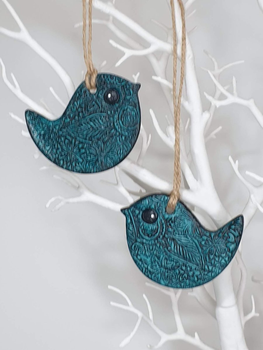 Bird decoration, clay, pretty petrol blue, stocking filler gift 