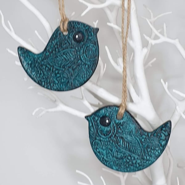 Bird decoration, clay, pretty petrol blue, stocking filler gift 