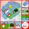 Baby cardigan with rainbow, hedgehog, sun and toadstool. Age 3-6 months