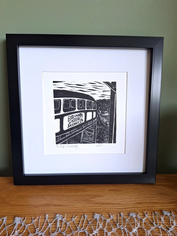 'The Cliff Railway. Original handprinted linoprint of the Cliff Railway.
