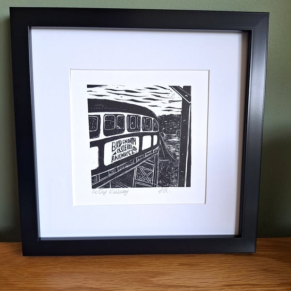 'The Cliff Railway. Original handprinted linoprint of the Cliff Railway.