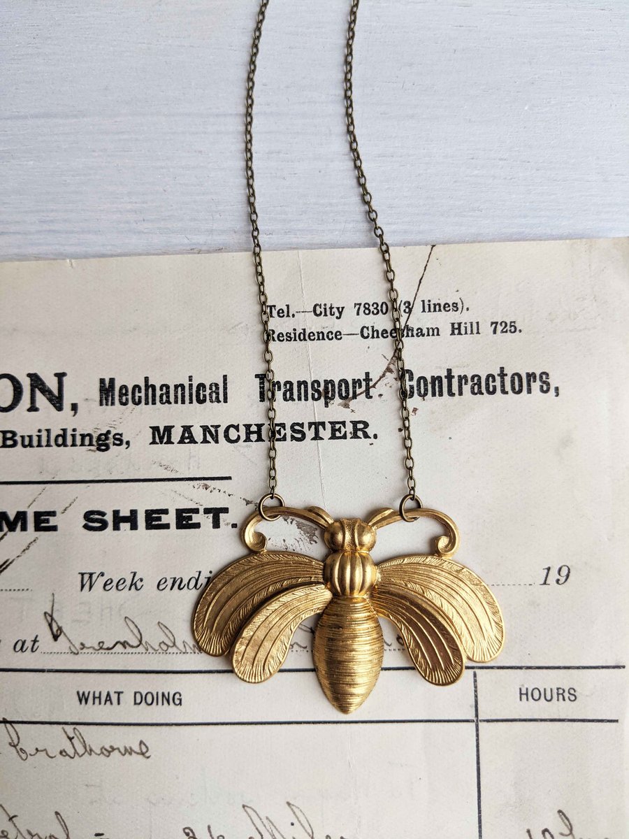 Large Honey Bee necklace - ornate gold bee - raw brass - gift for gardener