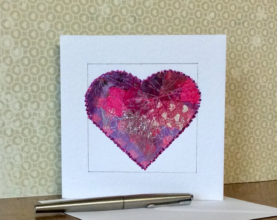 Embroidered up-cycled fabric heart Art Card.  