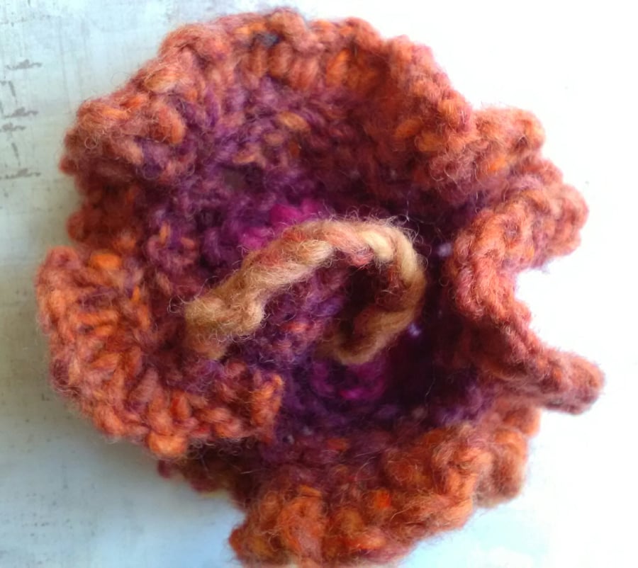 Handknit Swirl Flower Brooch orange and pink