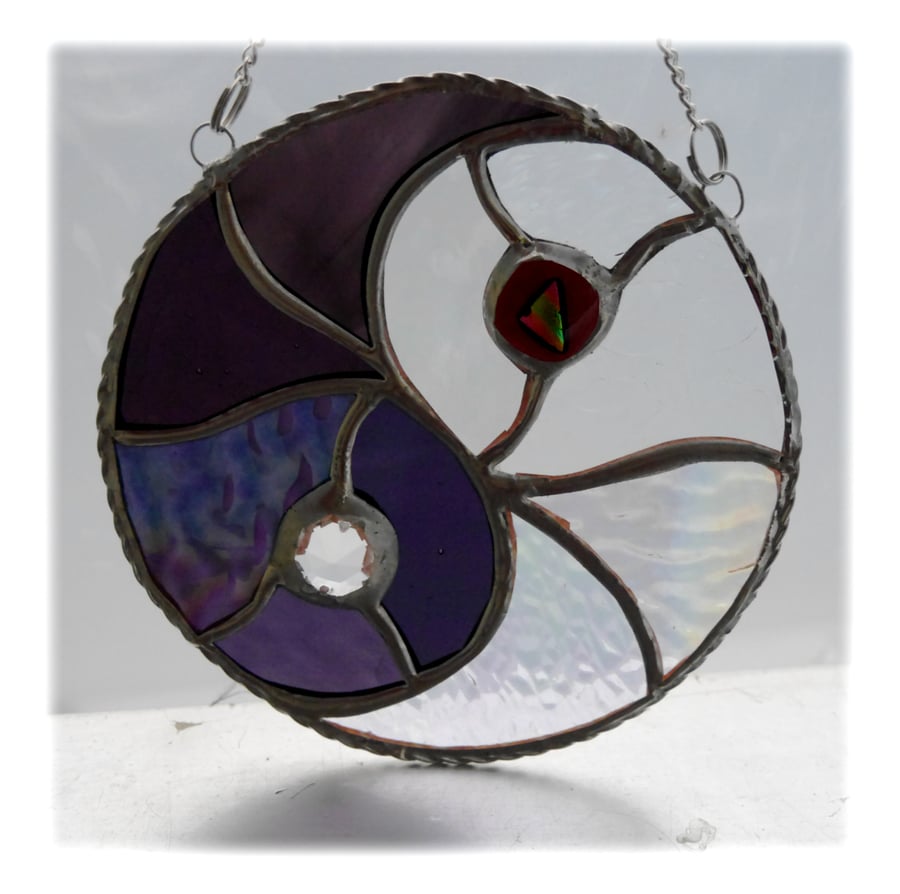 SOLD Yin Yang Suncatcher Stained Glass Handmade Purple 009