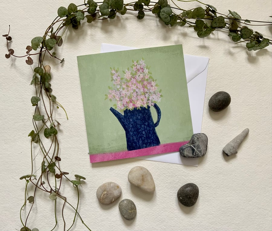 Deep Blue Flower Jug, blank greetings card, birthday, anniversary