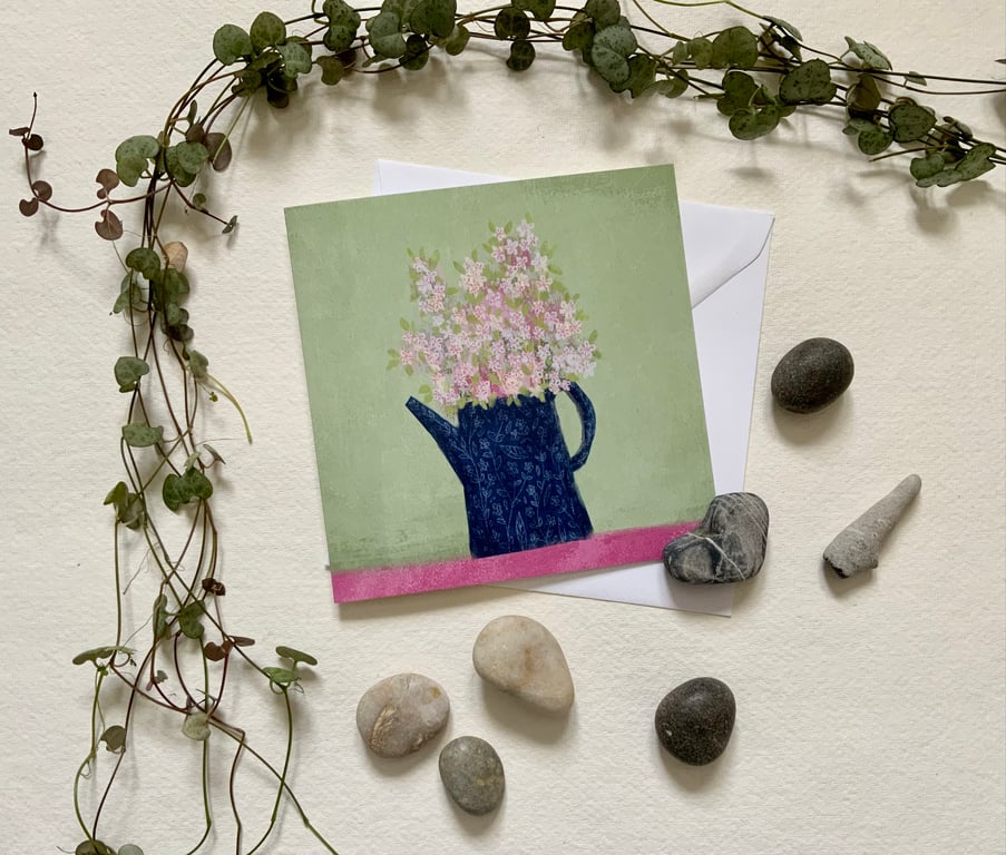 Deep Blue Flower Jug, blank greetings card, birthday, anniversary