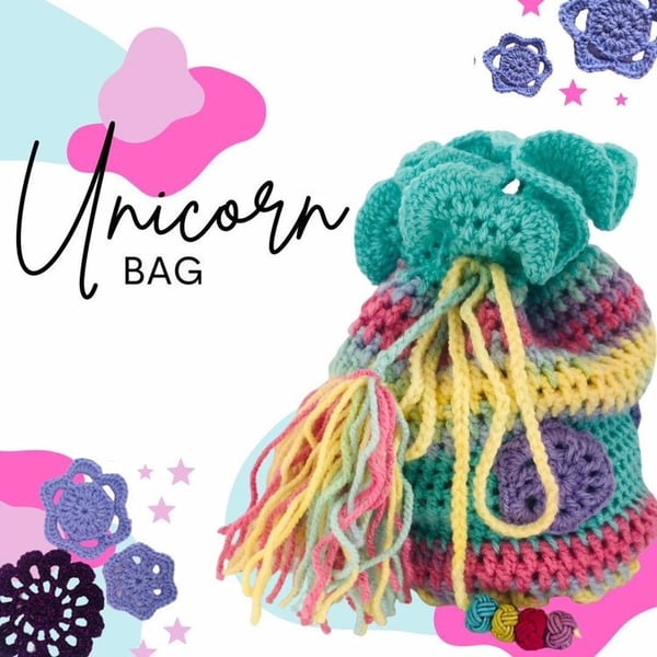 Unicorn Drawstring flower bag crochet PDF pattern, Mothers day gift,