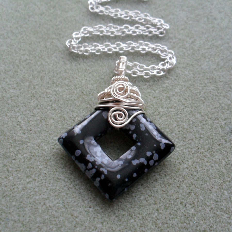 Snowflake Obsidian Wire Wrapped Pendant