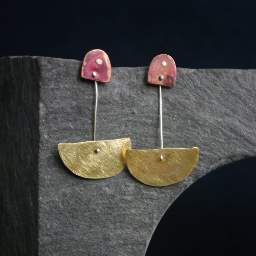 Copper and Brass Half Moon  Dangle Earrings