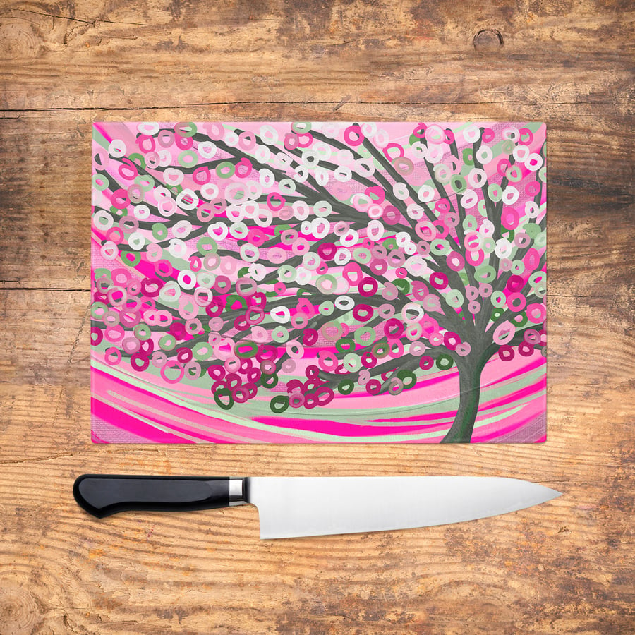 Pink & Sage Tree Glass Chopping Board - Pink and Green Tree Worktop Saver, Platt